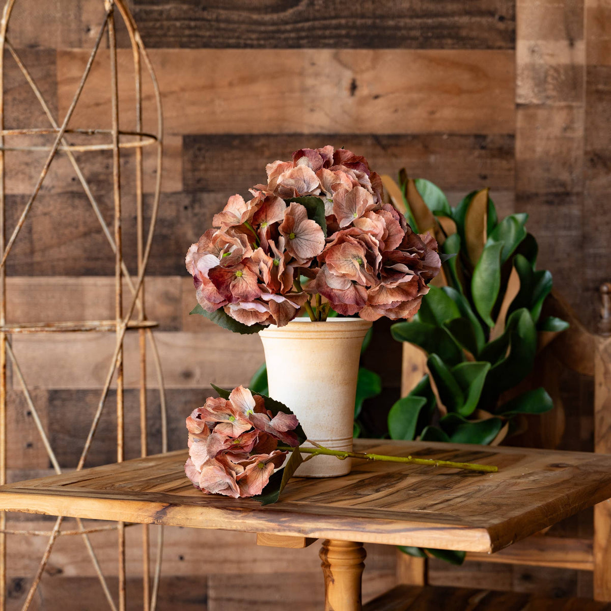 Gold Honey Real Touch Hydrangea Stem styled in a warm neutral floral arrangement