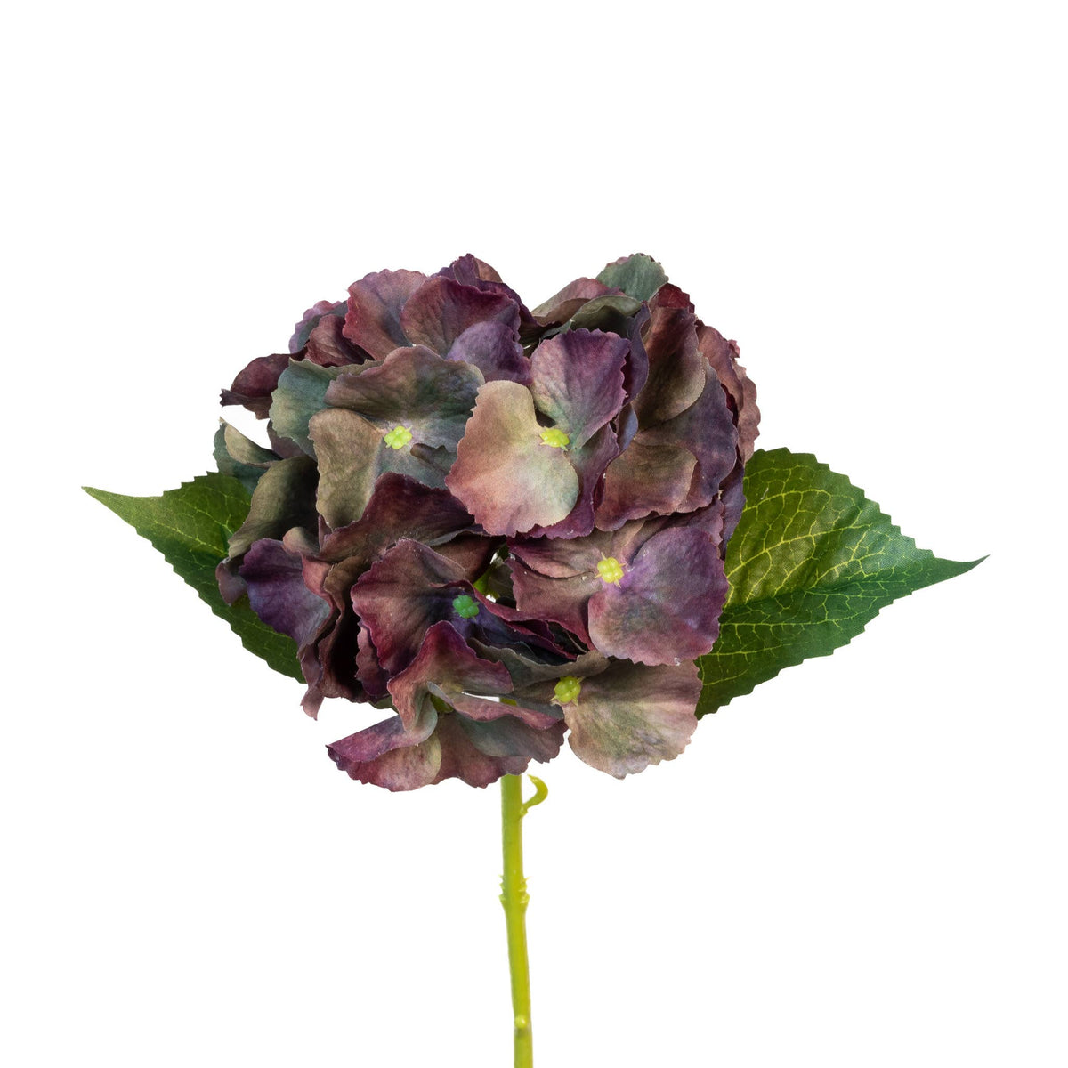 14-inch Antique Burgundy Real Touch Hydrangea Stem with deep burgundy, plum and green layered petals