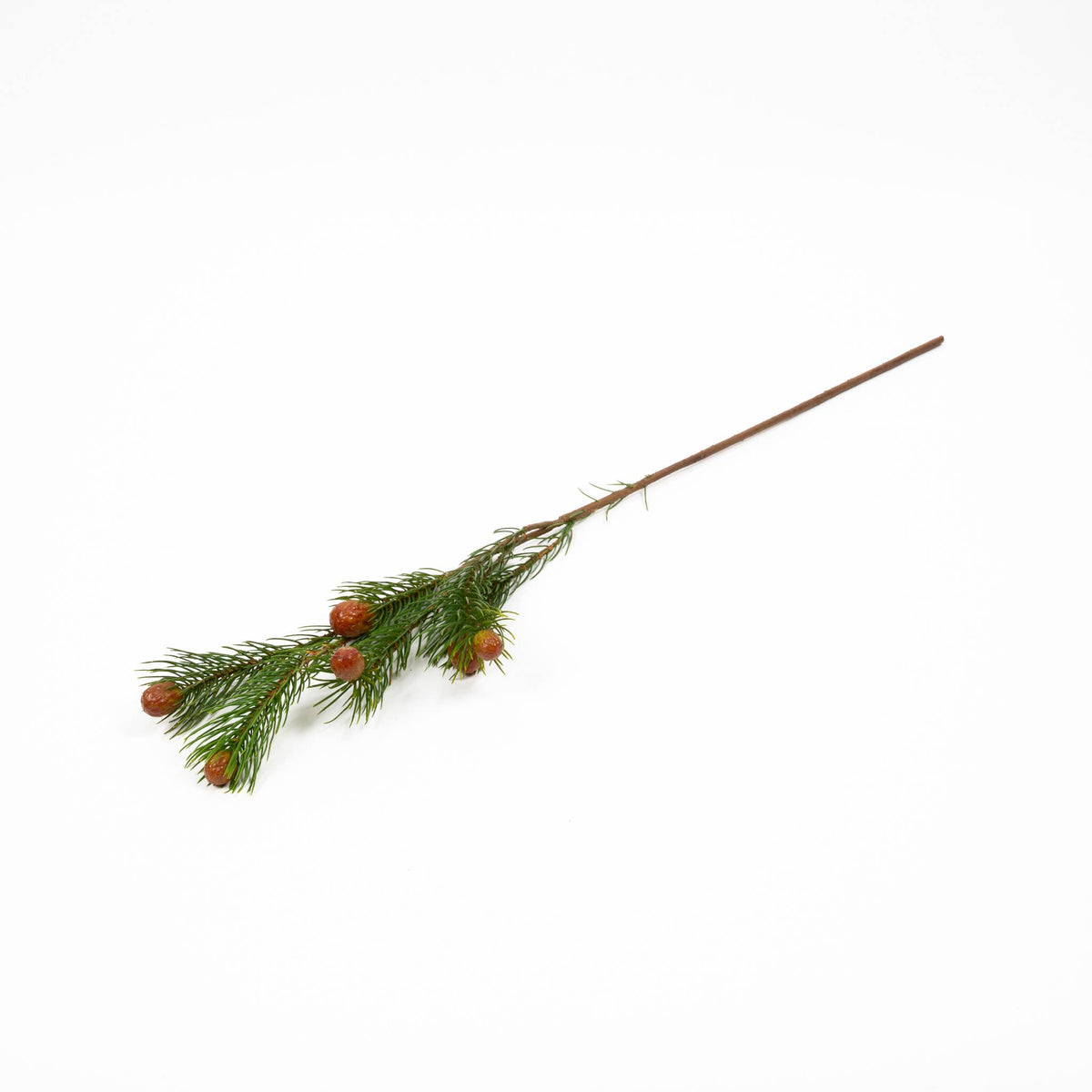 Close view of Protea Berry Nana faux botanical stem with green foliage and textured rust pods