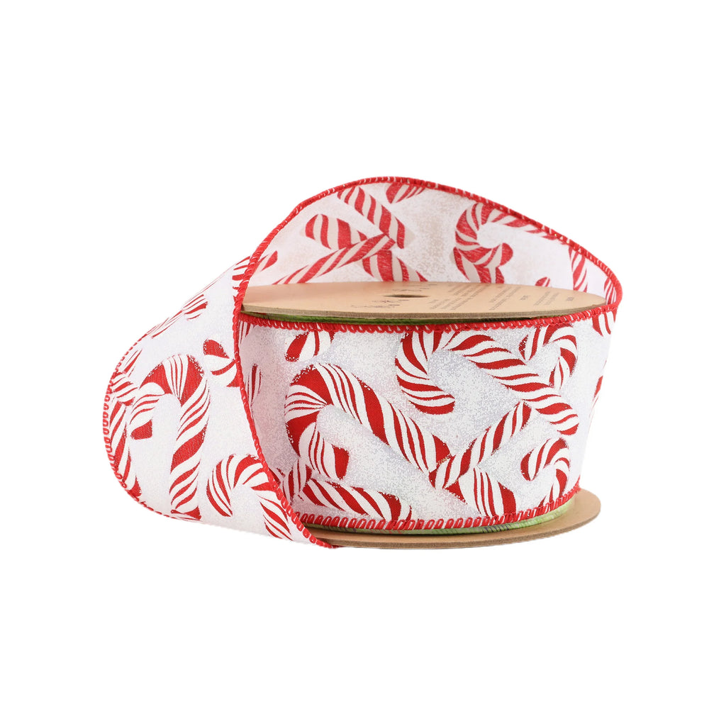 2.5 inch White wired Christmas ribbon with red candy cane pattern