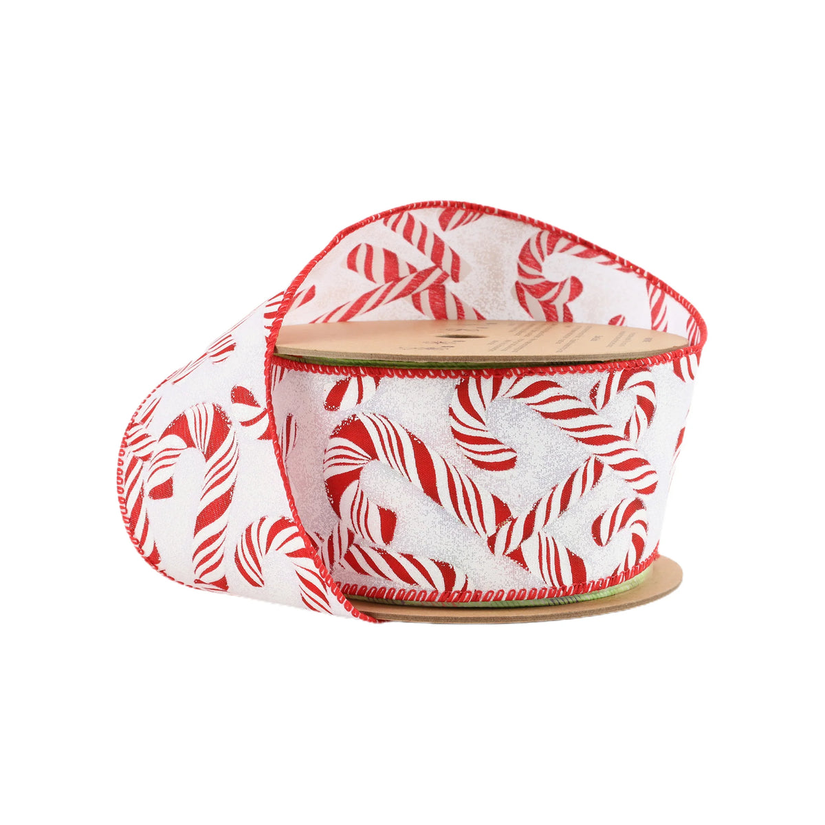 2.5 inch White wired Christmas ribbon with red candy cane pattern