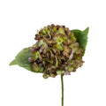 13-inch purple and light green faux Hydrangea Stem with full layered bloom and green leaves