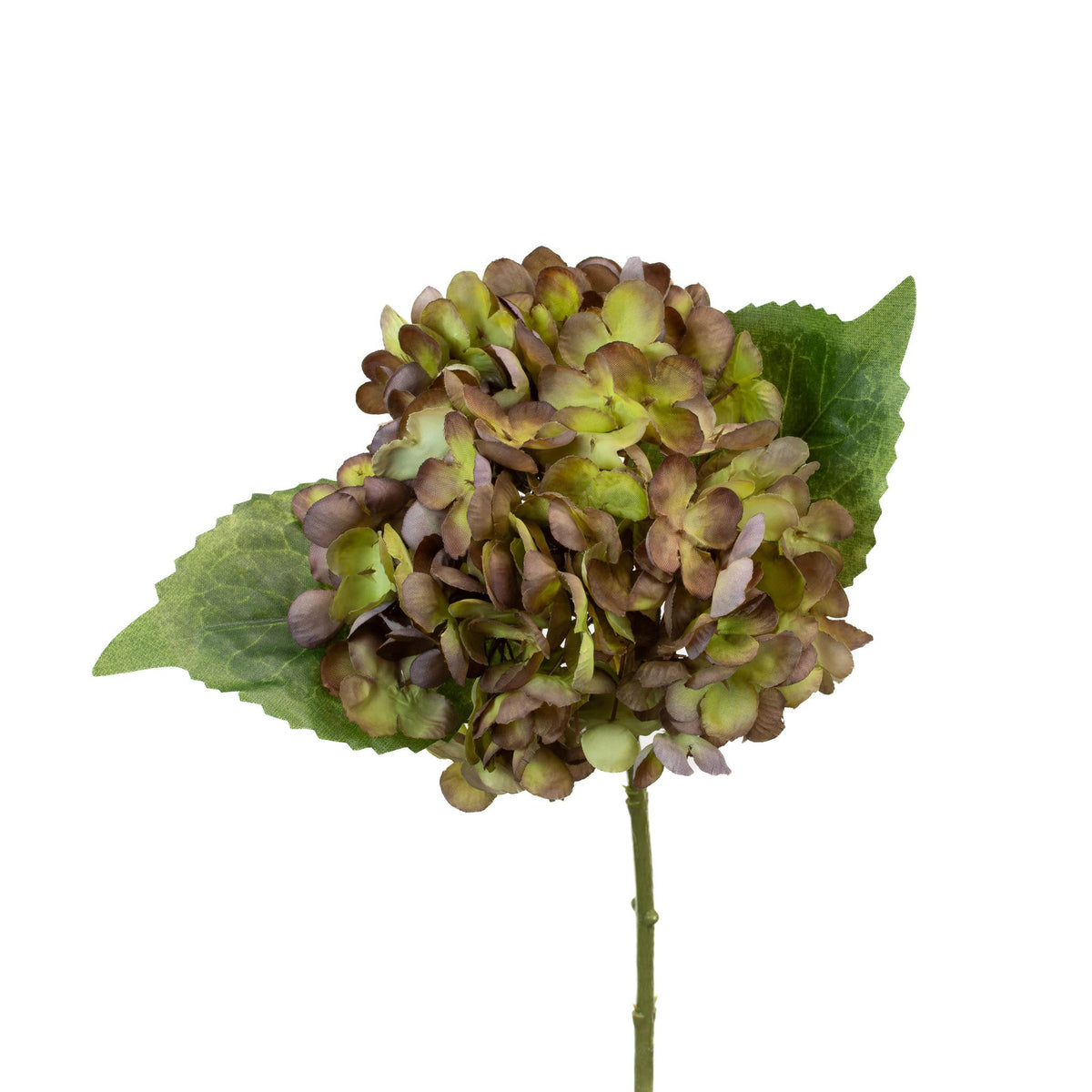 13-inch purple and light green faux Hydrangea Stem with full layered bloom and green leaves