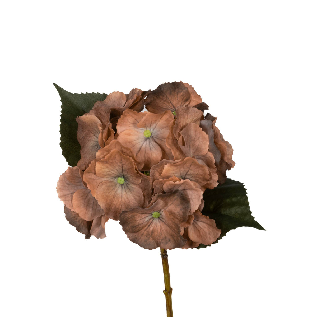14-inch Gold Honey Real Touch Hydrangea Stem with full warm golden-brown bloom and green leaves