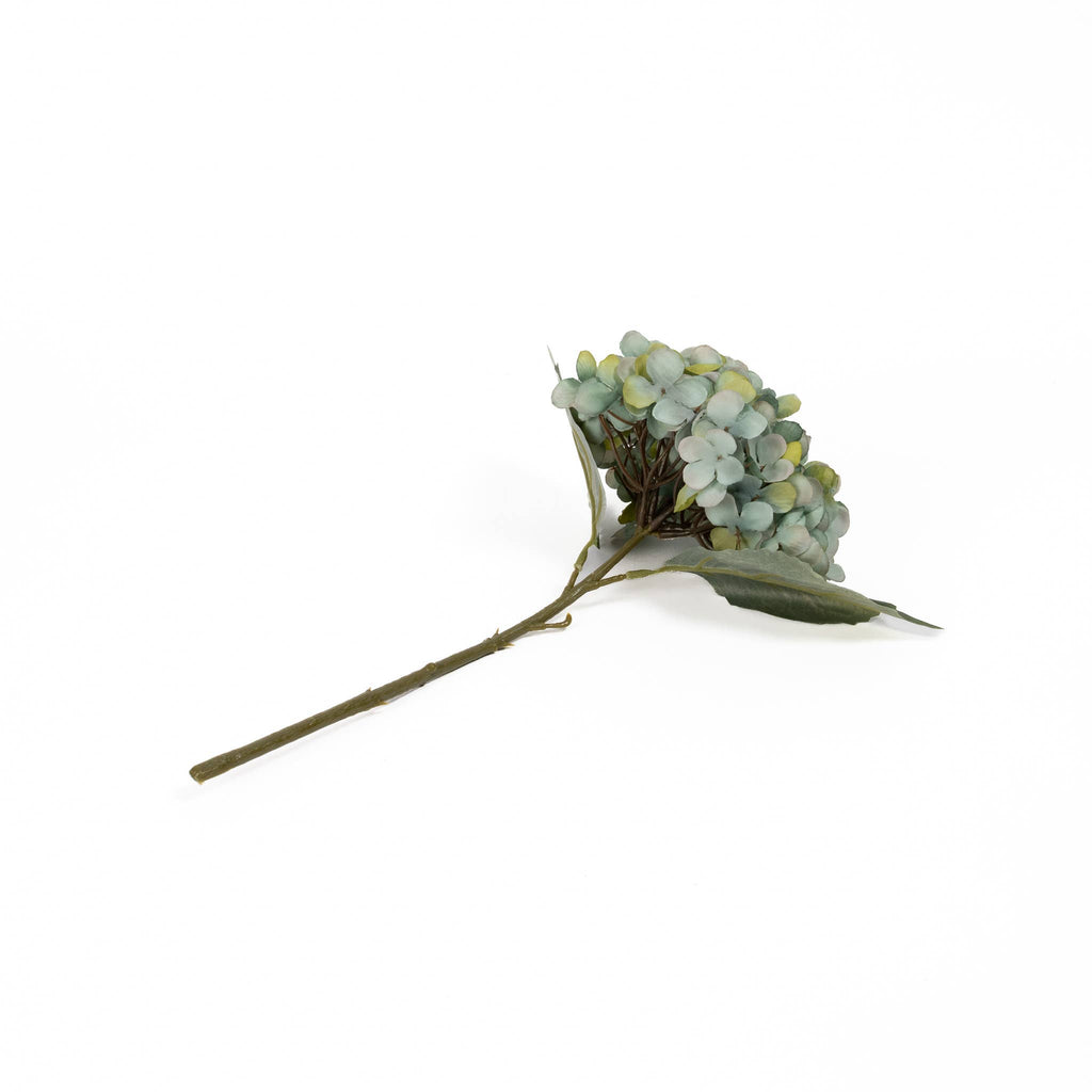 13-inch artificial blue Hydrangea Stem showing bloom, leaves and full stem length