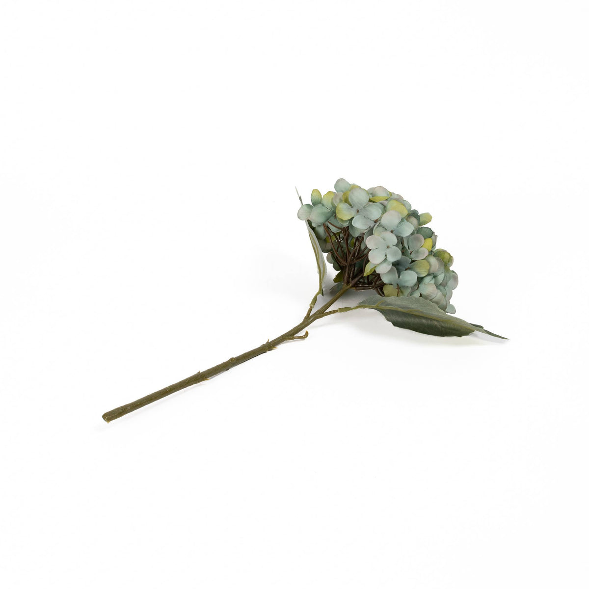 13-inch artificial blue Hydrangea Stem showing bloom, leaves and full stem length