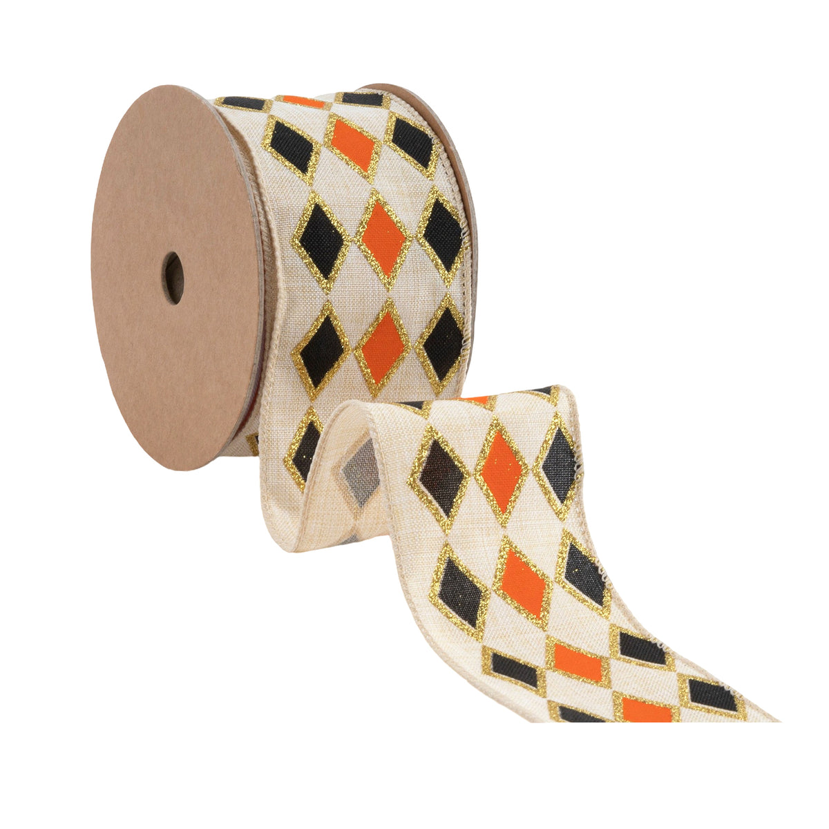 Black and orange diamond wired ribbon with gold glitter accents on an ivory background