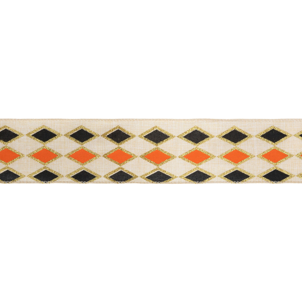 Black and orange diamond wired ribbon with gold glitter accents on an ivory background