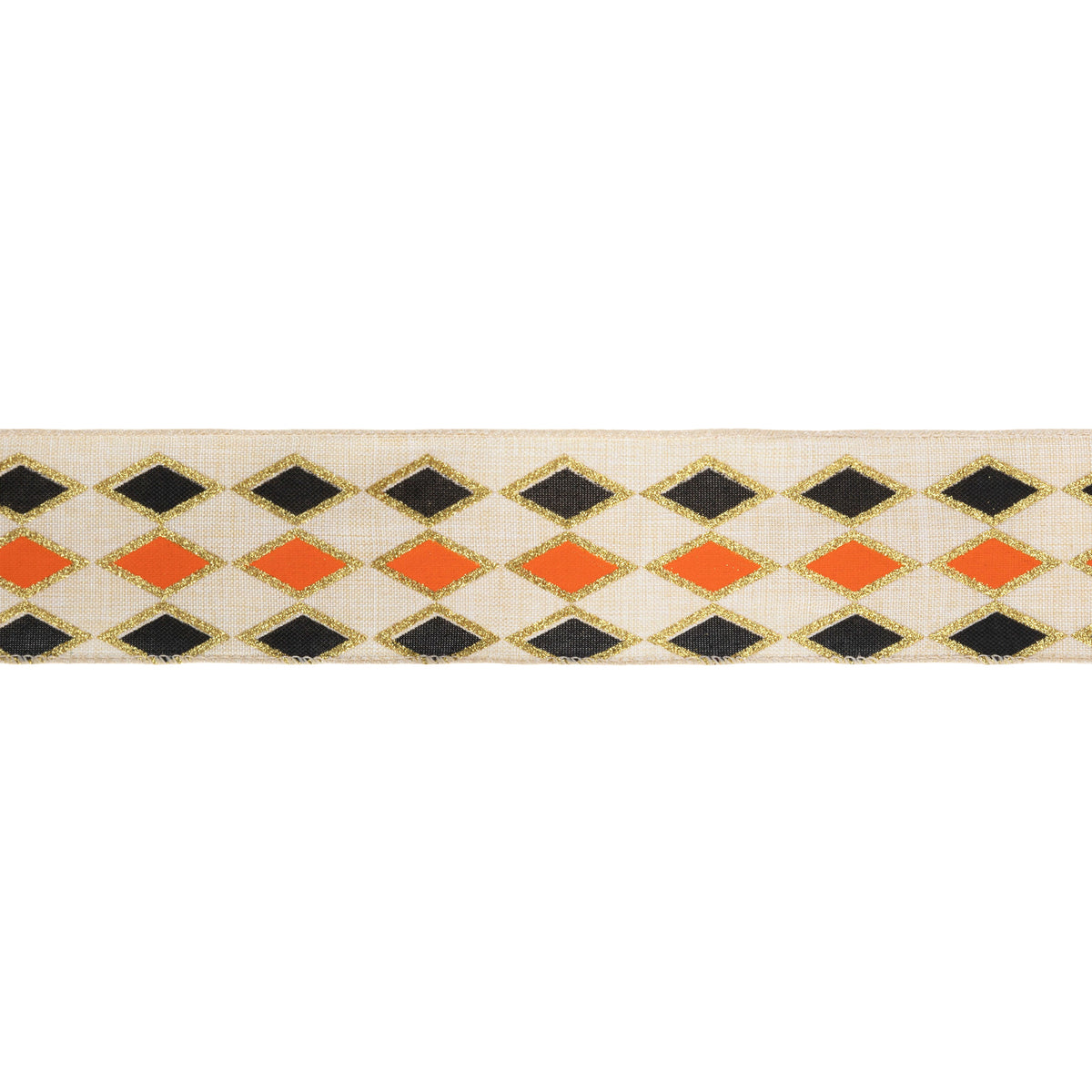 Black and orange diamond wired ribbon with gold glitter accents on an ivory background
