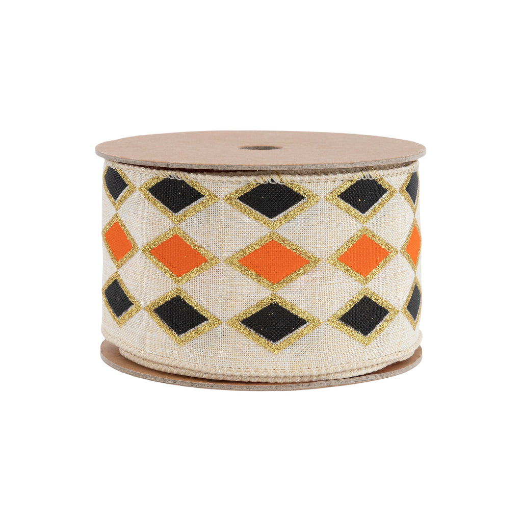 Black and orange diamond wired ribbon with gold glitter accents on an ivory background