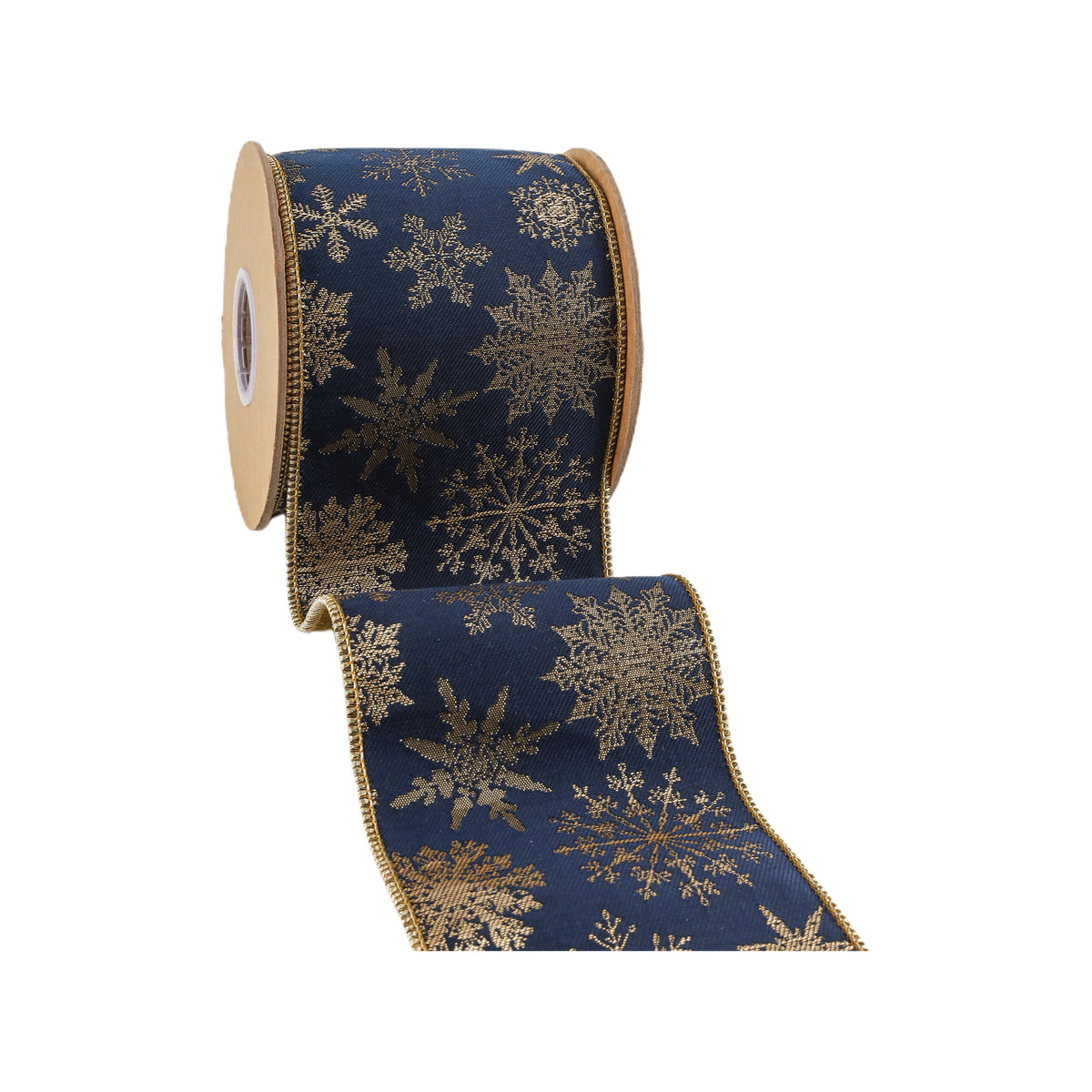 Blue snowflake jacquard wired ribbon with tissue backing in an extra-wide 4-inch design