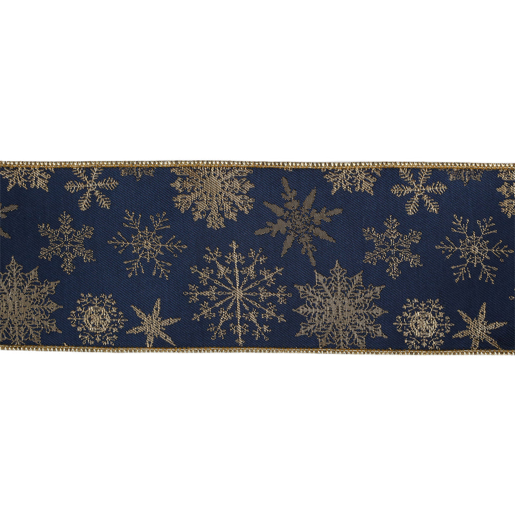 Blue snowflake jacquard wired ribbon with tissue backing in an extra-wide 4-inch design