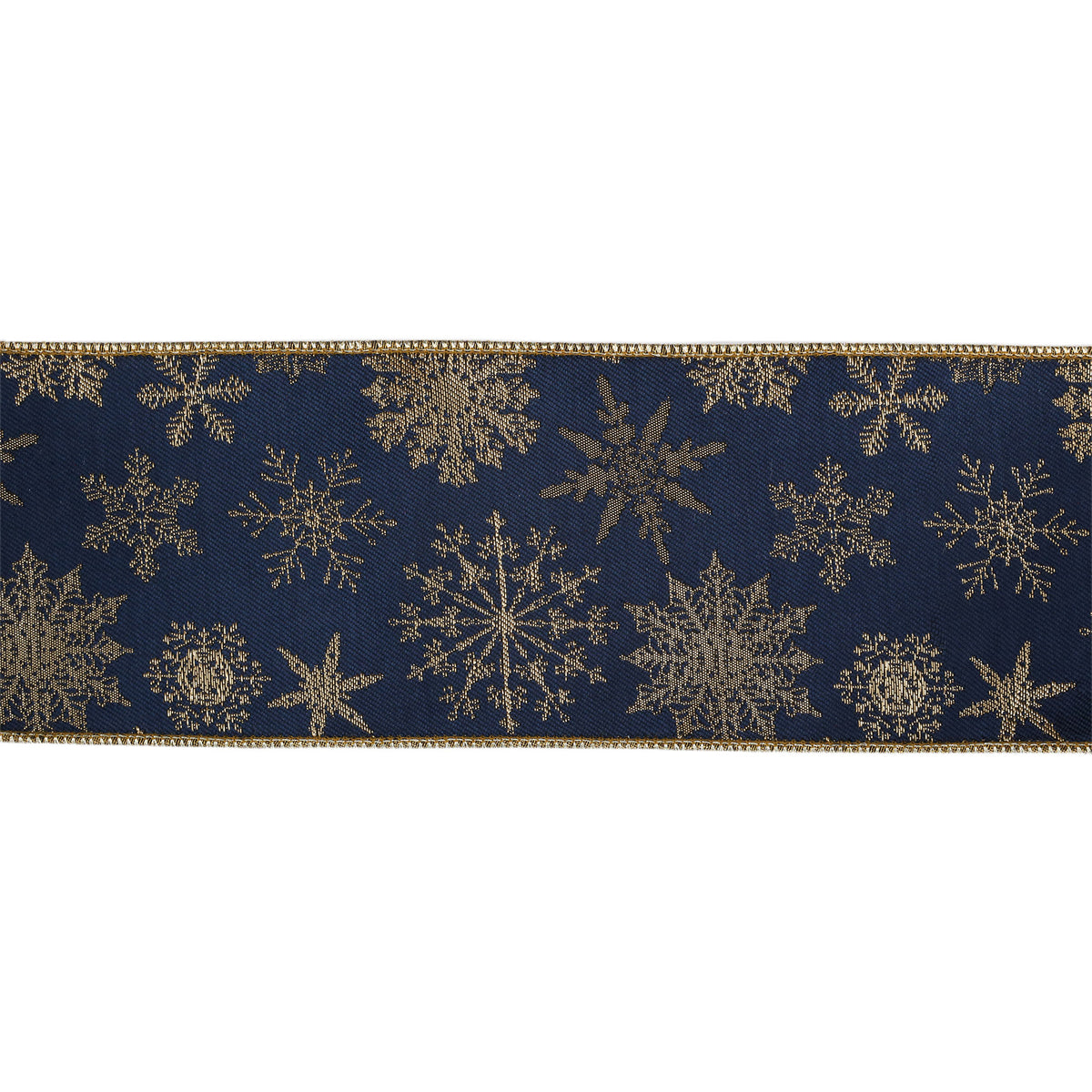 Blue snowflake jacquard wired ribbon with tissue backing in an extra-wide 4-inch design