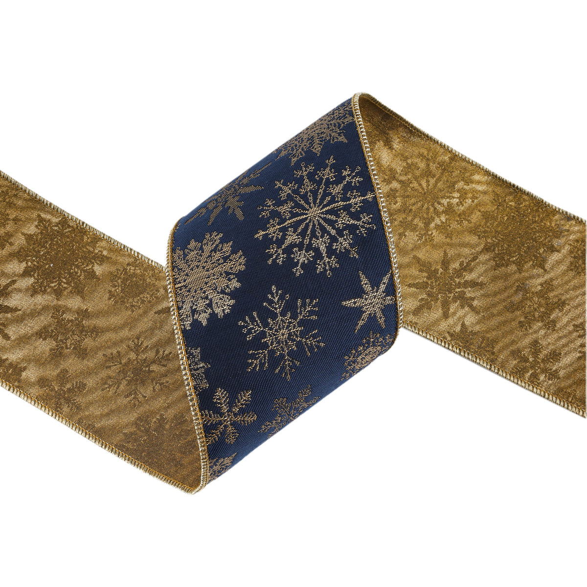 Gold and blue ribbon with snowflake pattern on a white background