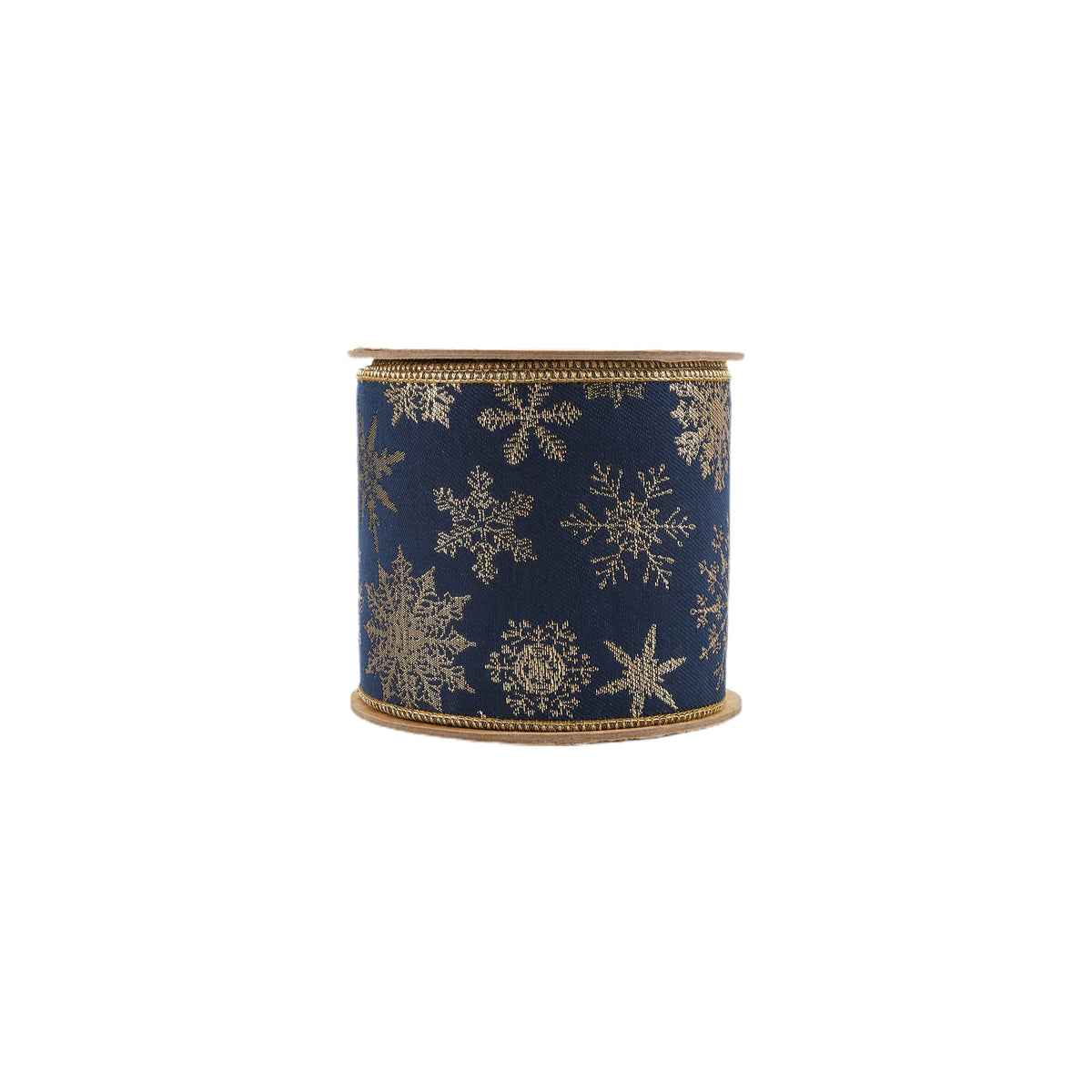 A spool of navy blue ribbon decorated with metallic gold snowflakes, featuring a gold braided edge.