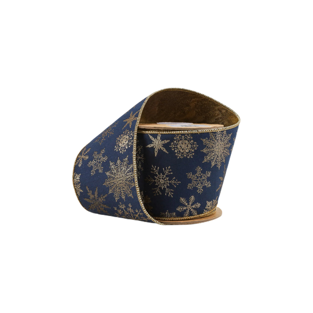 Blue snowflake jacquard wired ribbon with tissue backing in an extra-wide 4-inch design