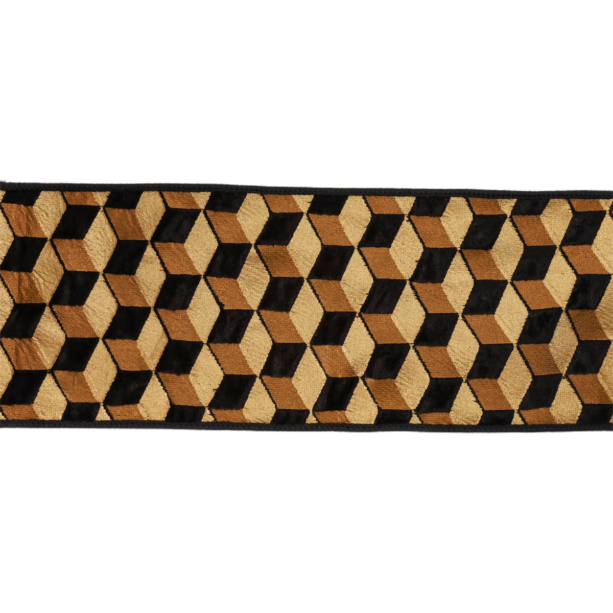 A close-up of a woven textile strip featuring a repeating 3D cube pattern in black, tan, and beige, set against a plain white background.