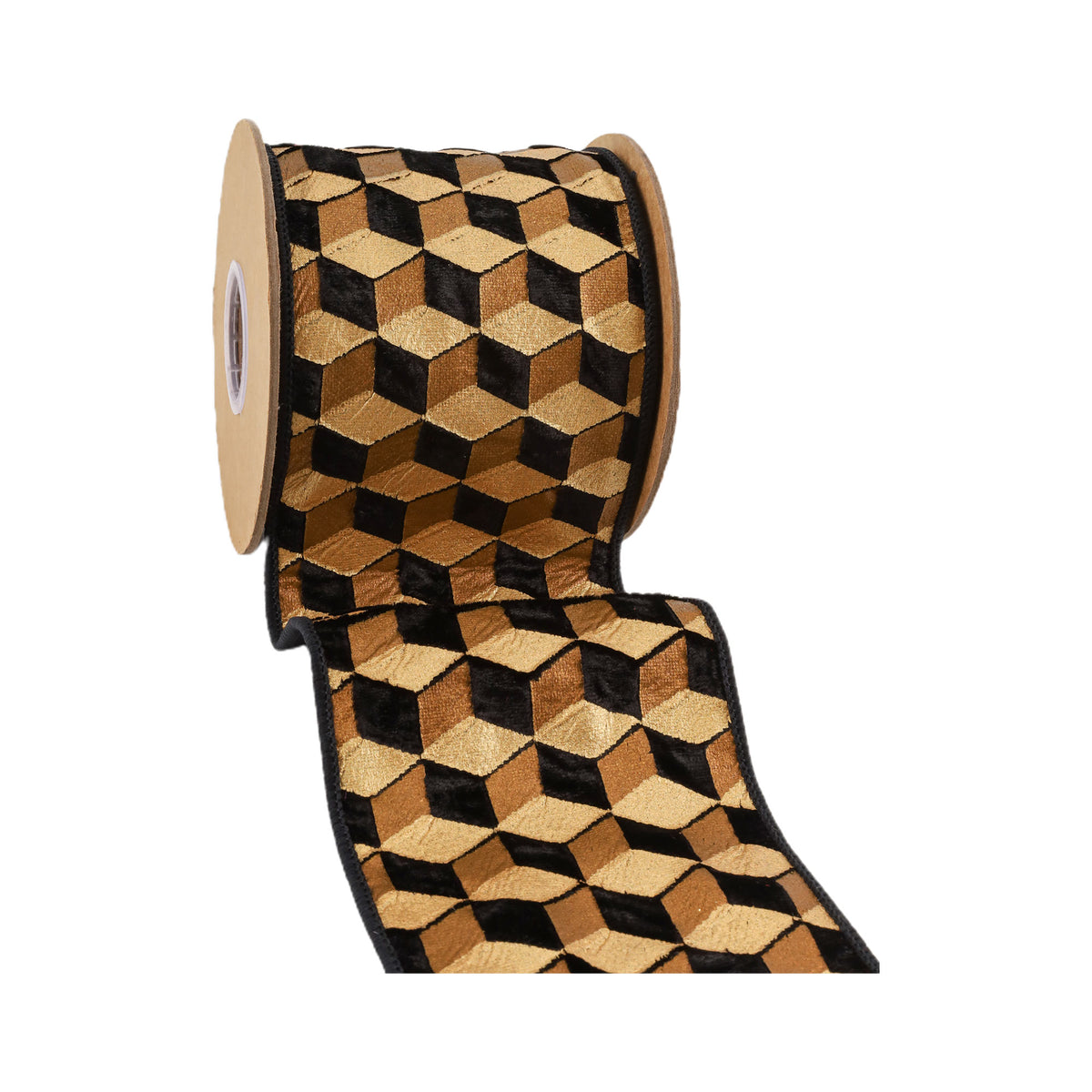 A roll of decorative ribbon with a repeating 3D cube pattern in metallic gold, bronze, and black, shown on a clean white background.
