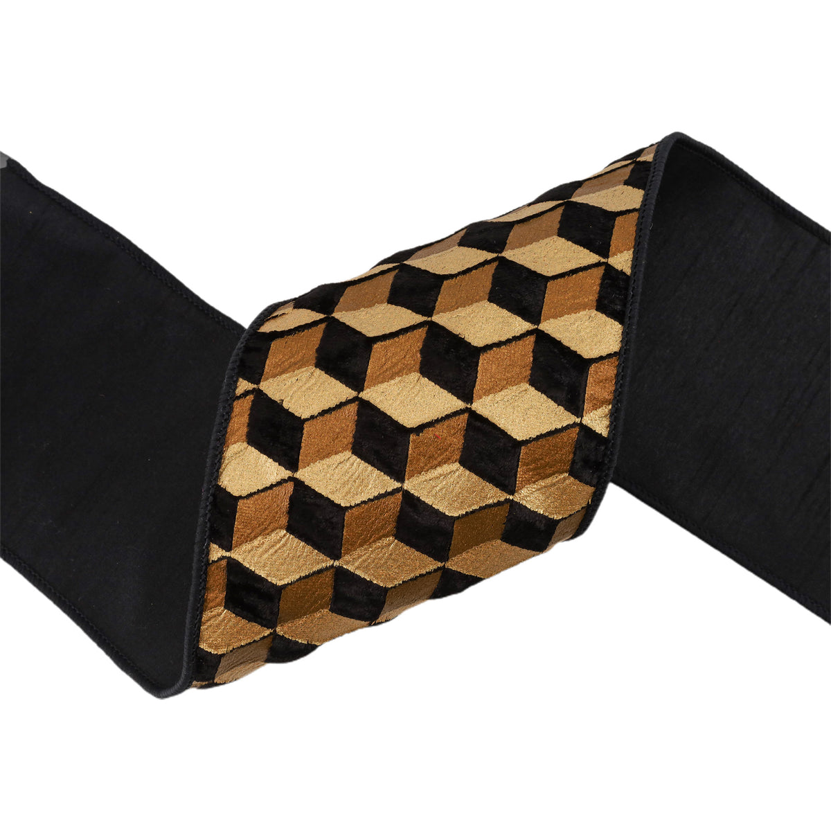 A close-up of a black fabric accessory, likely a strap or belt, featuring a central panel with a 3D cube optical illusion pattern in black, gold, and brown velvet.