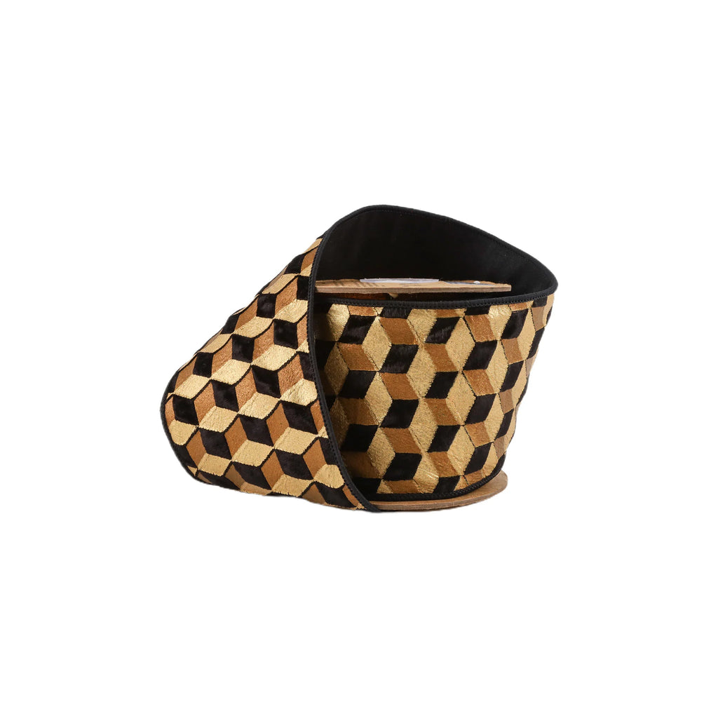 4 inch Black velvet wired ribbon with dimensional 3D block foil print by 5 yards