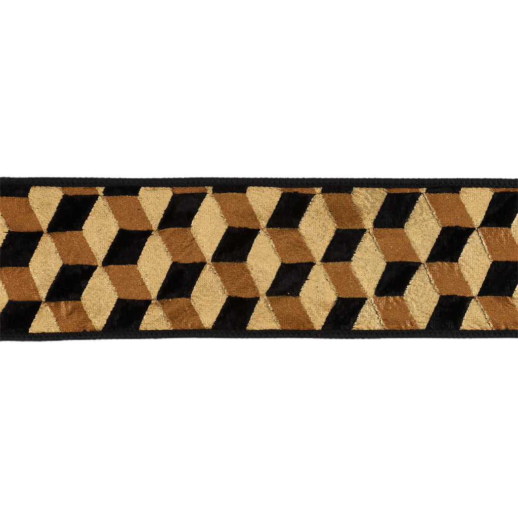 A close-up of a decorative trim or ribbon featuring a 3D geometric cube pattern in black, tan, and beige on a white background.
