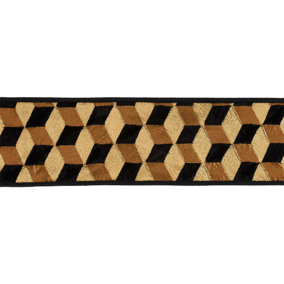 A close-up of a decorative trim or ribbon featuring a 3D geometric cube pattern in black, tan, and beige on a white background.
