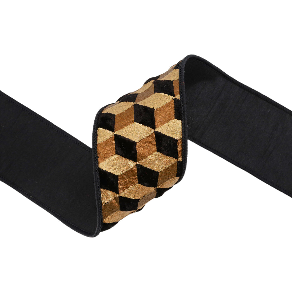 A black elastic belt with a central buckle featuring a 3D optical illusion cube pattern in black and metallic gold.