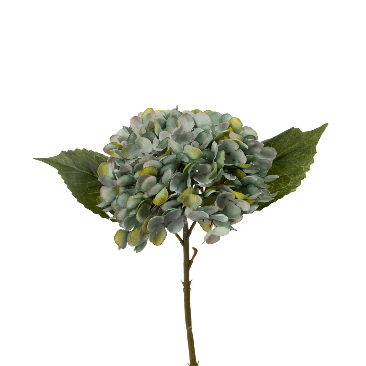 13-inch blue faux Hydrangea Stem with full antiqued blue-green bloom and green leaves