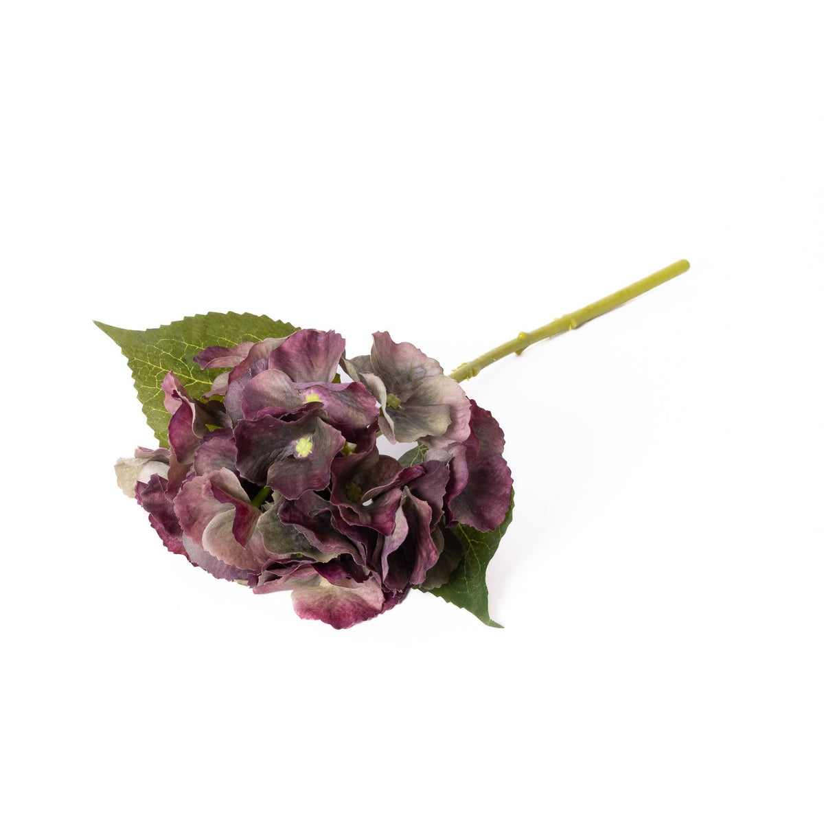Antique Burgundy Real Touch hydrangea bloom with muted plum, burgundy and green tones