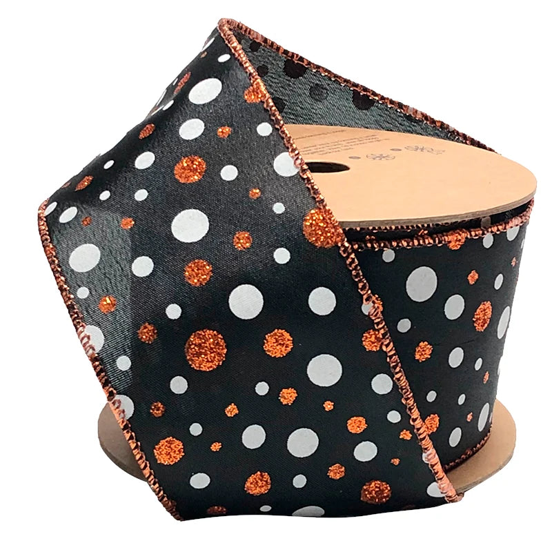 2.5 inch Black orange and white wired ribbon with glitter polka dot pattern