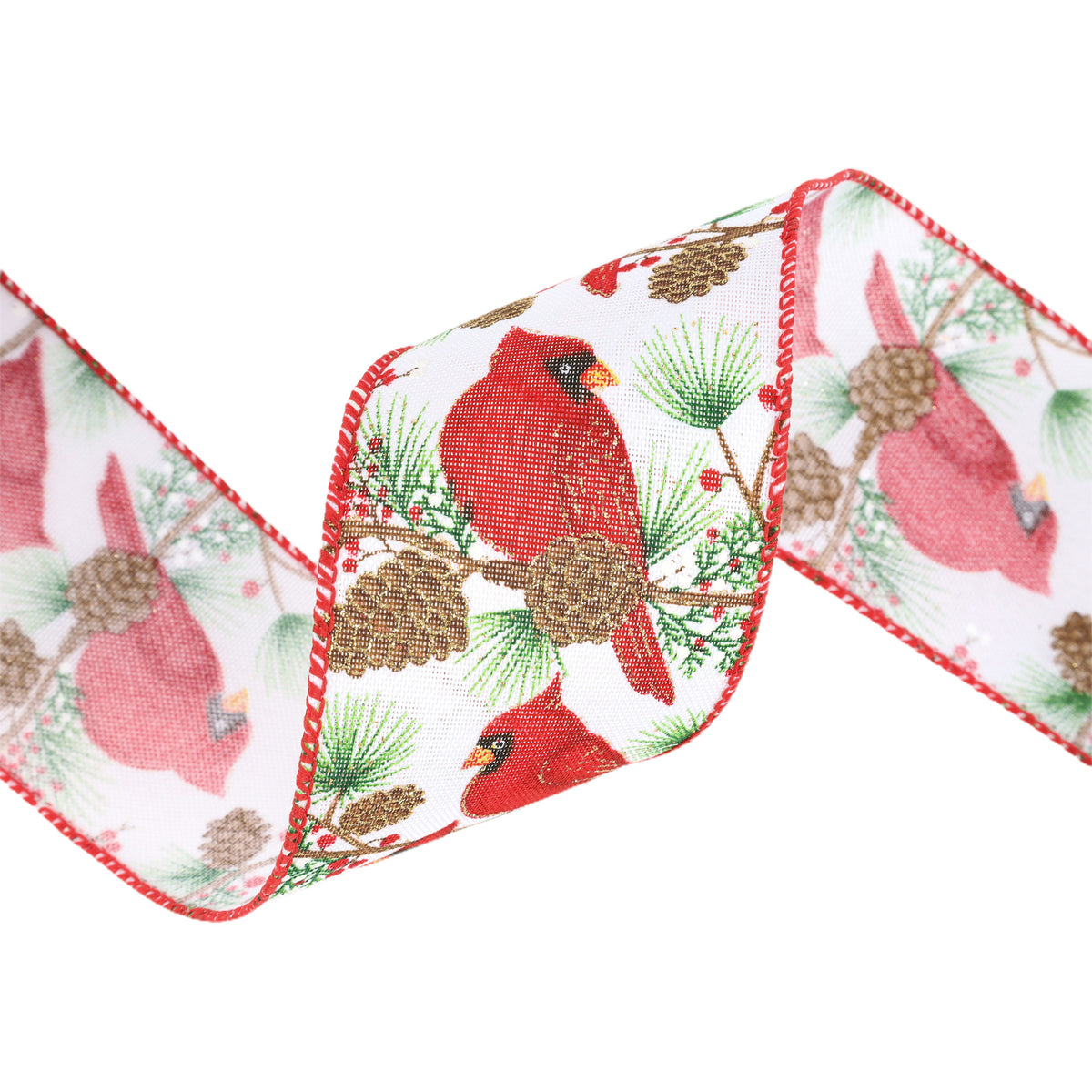 2.5" Christmas wired ribbon with red cardinals, pinecones and evergreen branches on a white background x 10 Yards