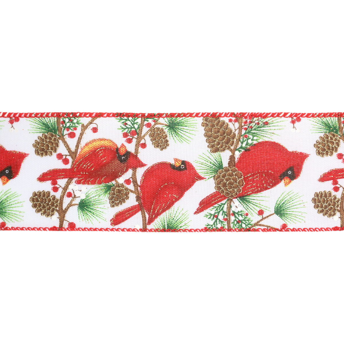 Decorative ribbon with red cardinals, pine cones, and branches on a white background