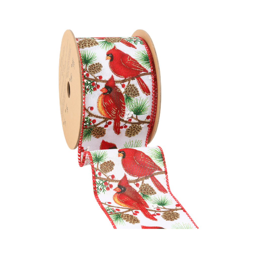 2.5" Christmas wired ribbon with red cardinals, pinecones and evergreen branches on a white background x 10 Yards