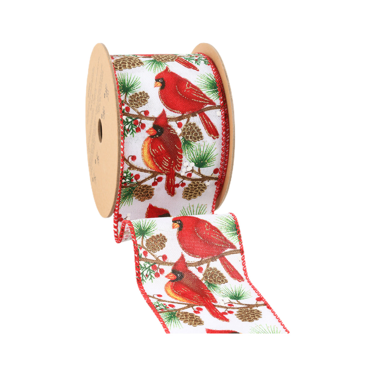 2.5" Christmas wired ribbon with red cardinals, pinecones and evergreen branches on a white background x 10 Yards