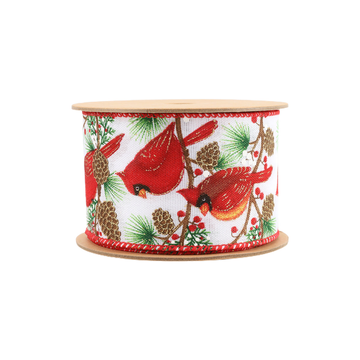 2.5" Christmas wired ribbon with red cardinals, pinecones and evergreen branches on a white background x 10 Yards