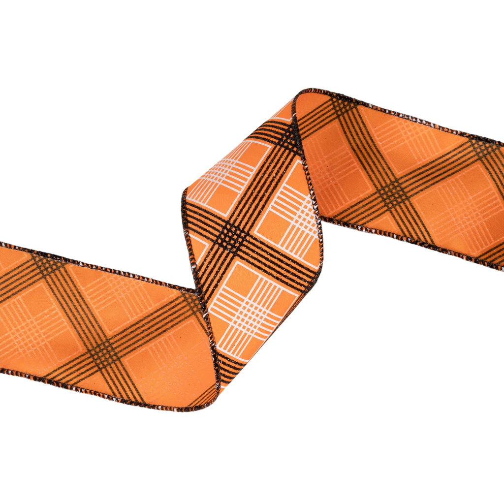 2.5 inch Orange wired ribbon with an angled black and white bias plaid pattern and black wired edges by 10 yards