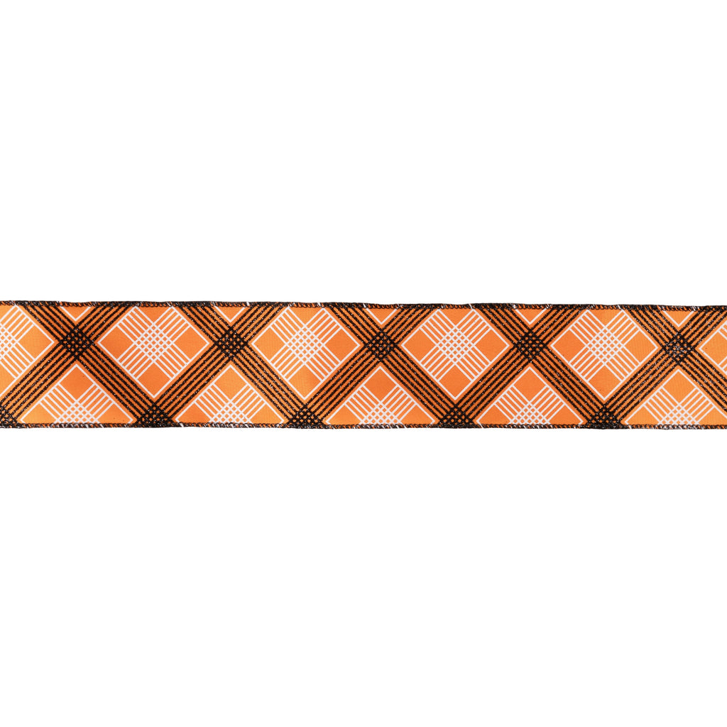 2.5 inch Orange wired ribbon with an angled black and white bias plaid pattern and black wired edges by 10 yards