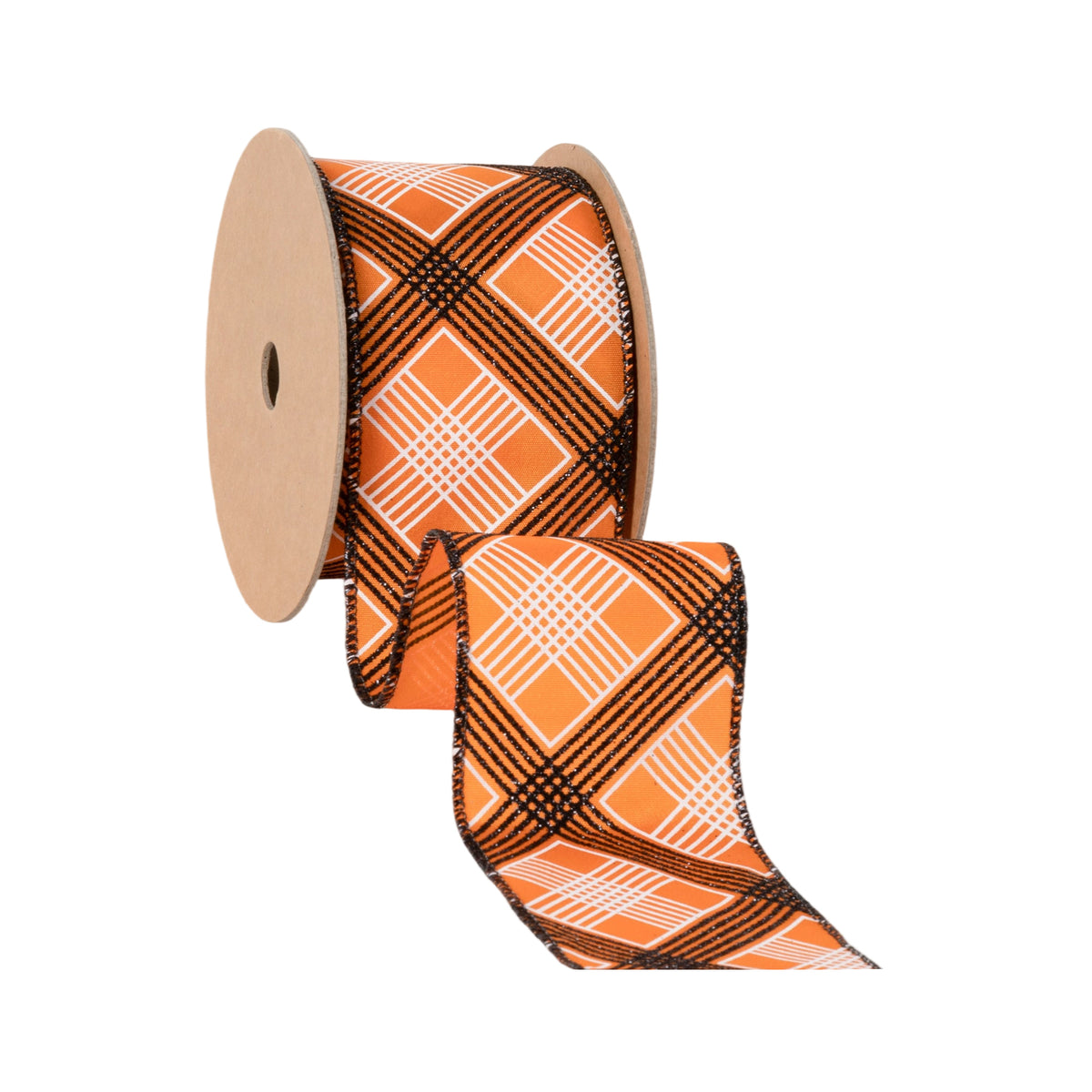 2.5 inch Orange wired ribbon with an angled black and white bias plaid pattern and black wired edges by 10 yards