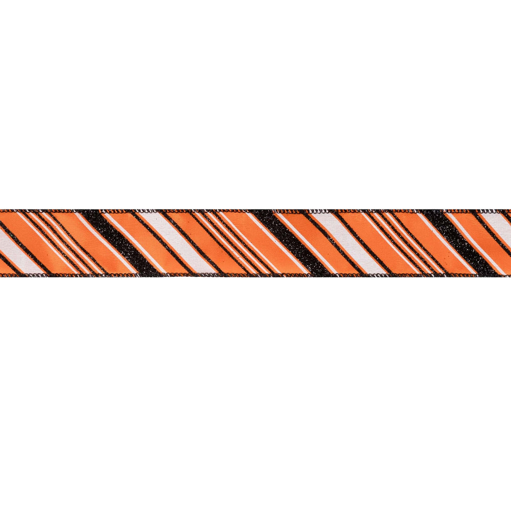 1.5 inch Orange wired ribbon with diagonal black and white candy stripes and black wired edges by 10 yards