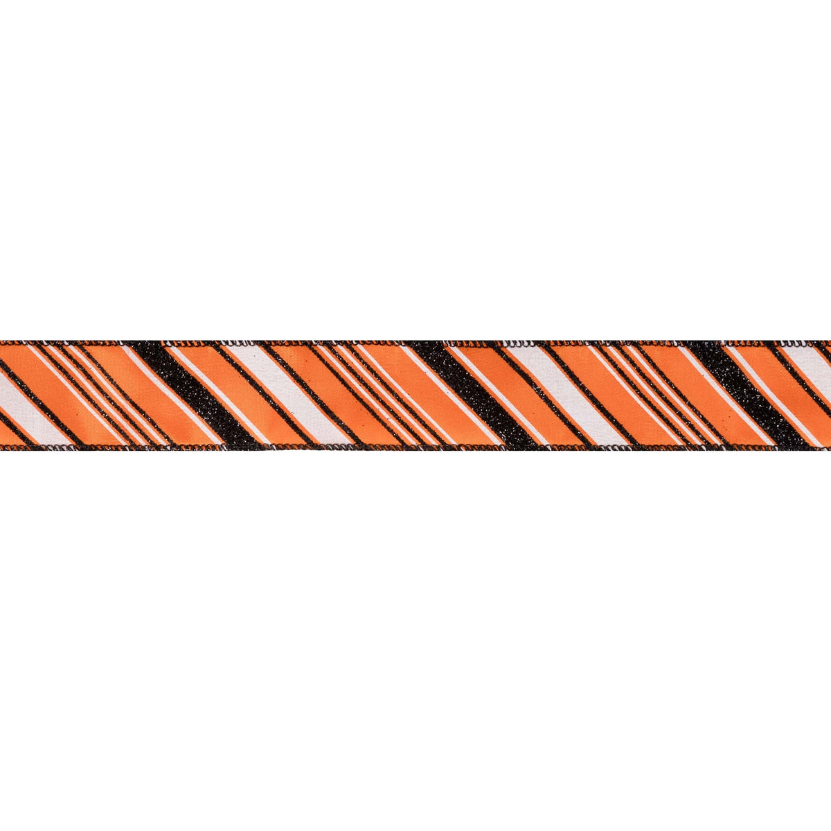 1.5 inch Orange wired ribbon with diagonal black and white candy stripes and black wired edges by 10 yards