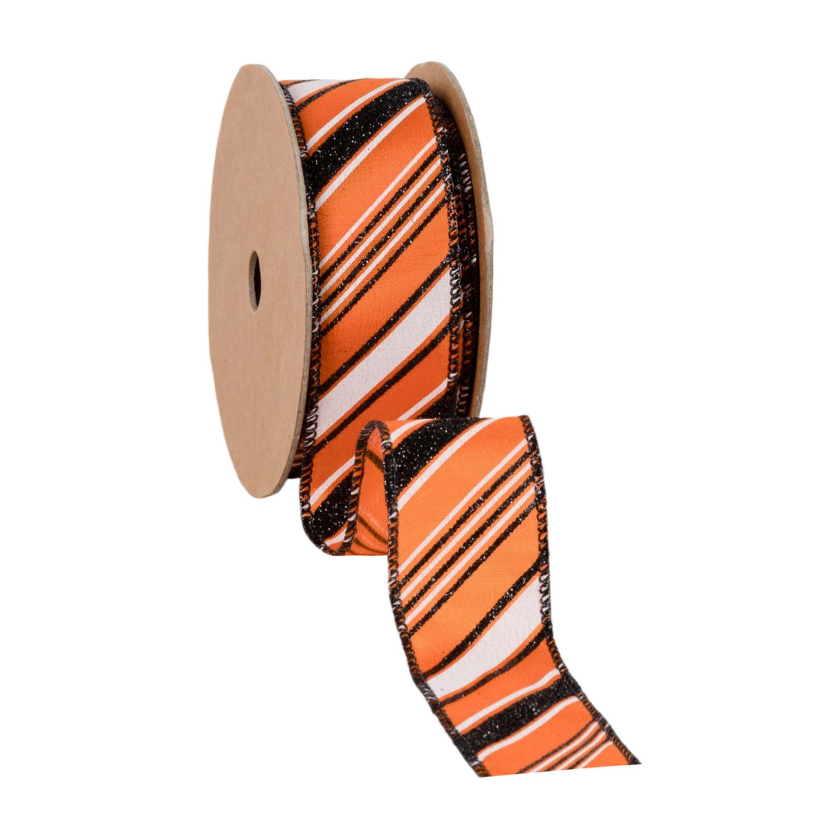 1.5 inch Orange wired ribbon with diagonal black and white candy stripes and black wired edges by 10 yards