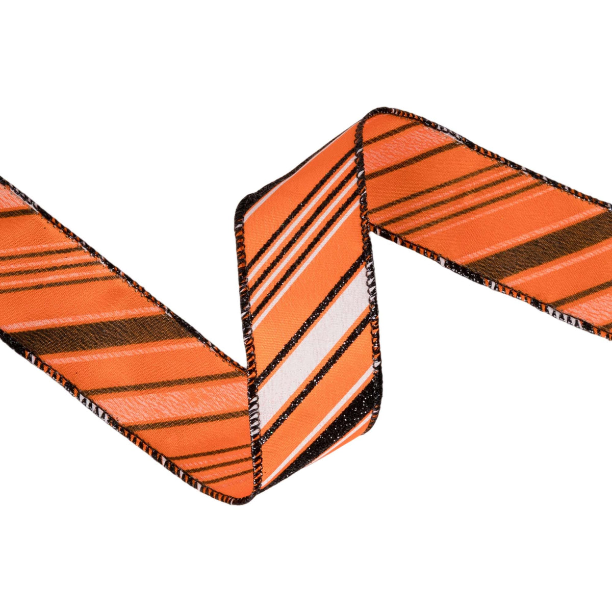 1.5 inch Orange wired ribbon with diagonal black and white candy stripes and black wired edges by 10 yards