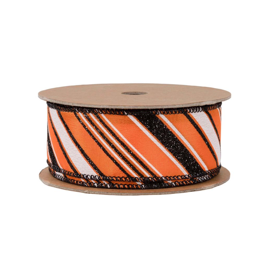 1.5 inch Orange wired ribbon with diagonal black and white candy stripes and black wired edges by 10 yards