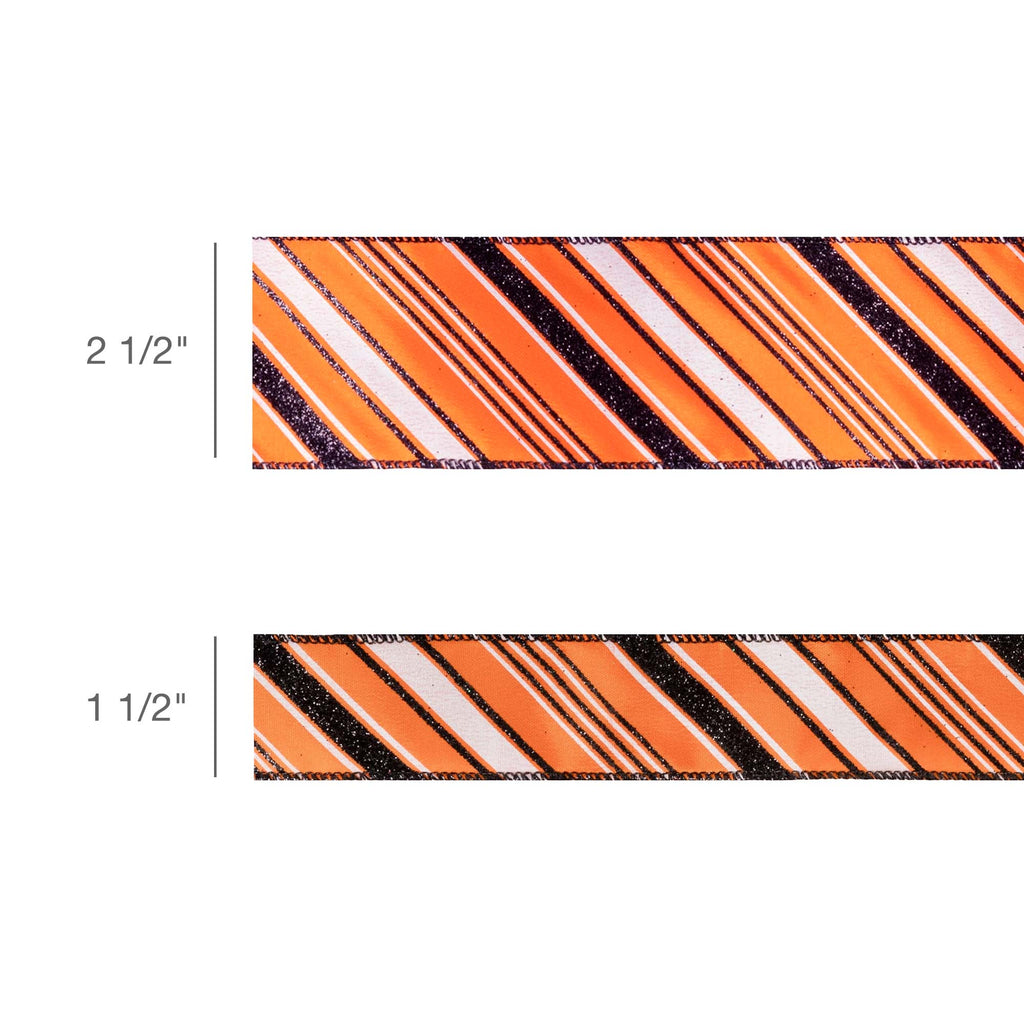 Two horizontal strips of patterned ribbon or trim shown on a white background, labeled 2 1/2" and 1 1/2". The pattern consists of diagonal stripes in orange, white, and black.
