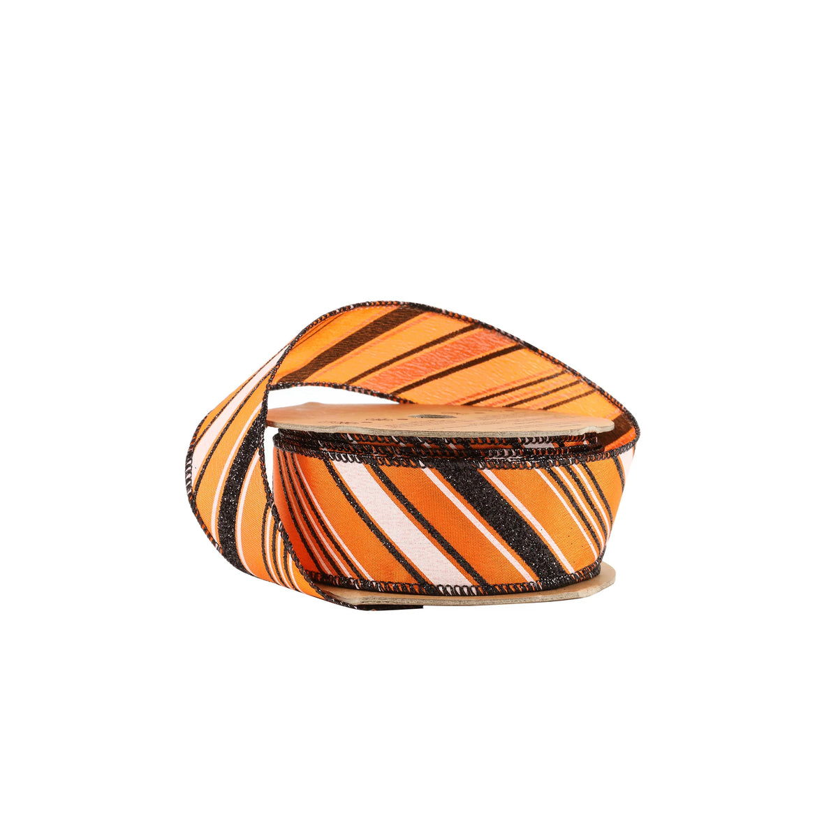 1.5 inch Orange wired ribbon with diagonal black and white candy stripes and black wired edges by 10 yards