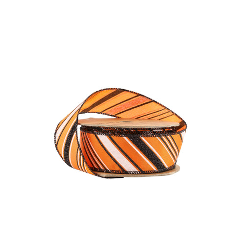 1.5 inch Orange wired ribbon with diagonal black and white candy stripes and black wired edges by 10 yards