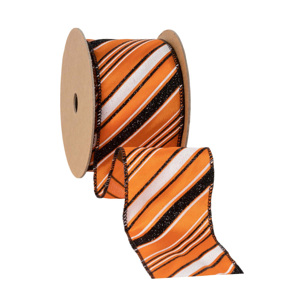 2.5" LA Ribbon Orange Candy Stripe Wired Ribbon - Orange / Black / White x 10 YDS
