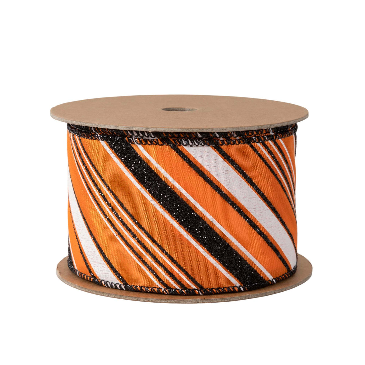 2.5" LA Ribbon Orange Candy Stripe Wired Ribbon - Orange / Black / White x 10 YDS
