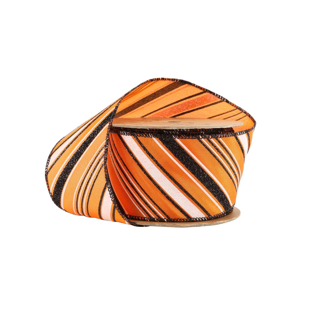 2.5" LA Ribbon Orange Candy Stripe Wired Ribbon - Orange / Black / White x 10 YDS