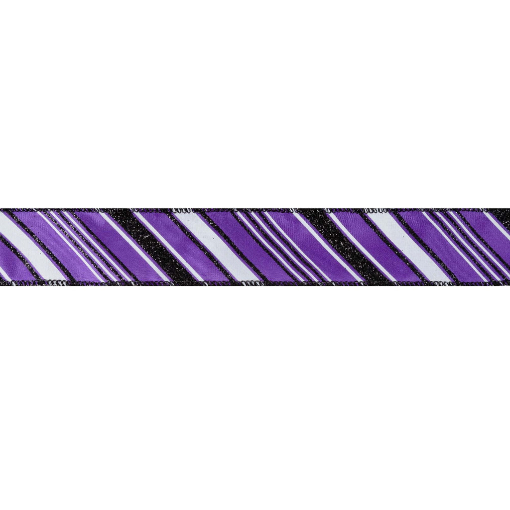 1.5 inch Purple wired ribbon with diagonal black and white candy stripes and black wired edges by 10 yards